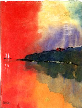 Seacoast (Red Sky, Two White Sails)