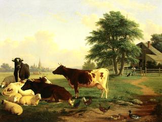 Landscape: Cattle, Woman, Boy and Newfoundland Dog