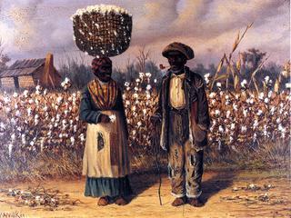 Negro Man and Woman in Cotton Field with Baskets of Cotton