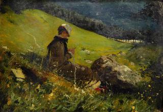 Girl in a Field Knitting