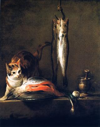 Cat with Salmon, Two Mackerel, Pestle and Mortar