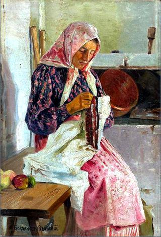 Woman Embroidering the Scarf