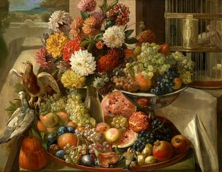 Great still life with birds, flowers and fruits