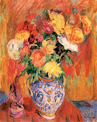 Asters in ann Italian Vase and an Indian Wooden Sculpture