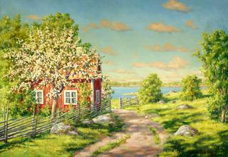Red cottage with fruit trees and pecking hens