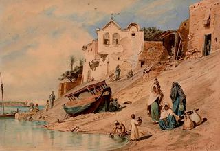 Beni Suef. Women with Children Fetching Water from the Nile