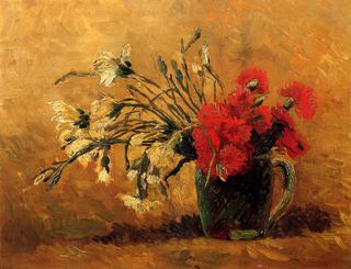 Jug with Red and White Carnations on a Yellow Background