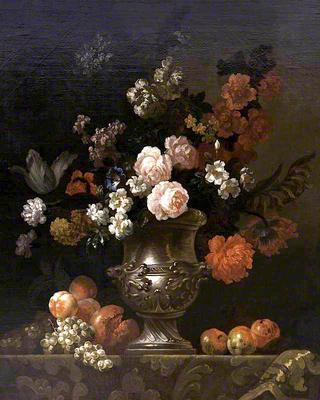 Still Life of a Silver Urn with Flowers and Fruit on a Ledge