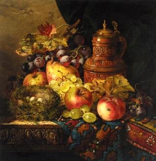 Still Life with Pears, Apples and Grapes, a Bird's Nest and a Jug