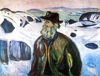 Old Fisherman on Snow-Covered Coast