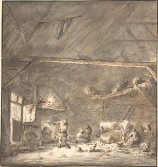 Barn Interior with Peasants and Cows
