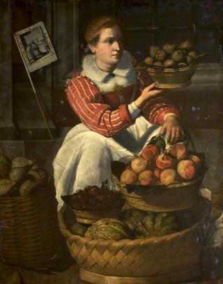 A Woman Selling Fruit with a Pilgrimage Banner