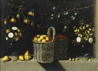 Still Life with a Basket of Apricots and Cherries and Vases of Flowers