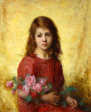 Portrait of a Young Girl Holding a Bunch of Roses