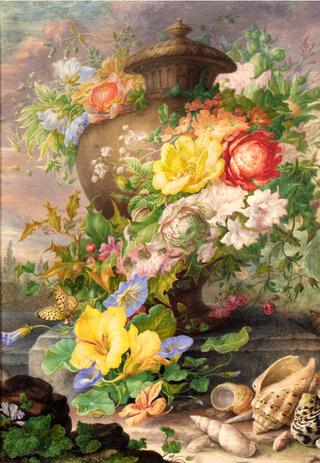 An Urn, Garlanded with Flowers, on a Terrace, with Shells in the Foreground