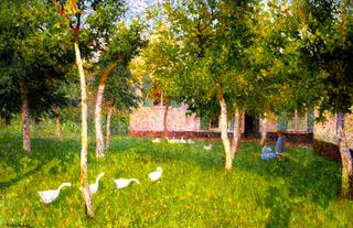 Geese in a Garden with Two Children