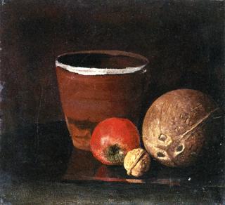 Still LIfe with Jar, Apple, Walnut and Coconut