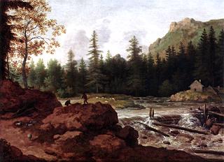 A Scandinavian River Landscape with Herdsmen on a Rock by a Waterfall