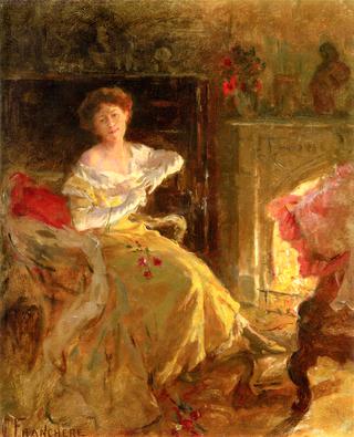 Woman Seated by the Fireplace