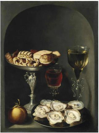 Oysters on a pewter plate, sweetmeats and biscuits in a silver tazza