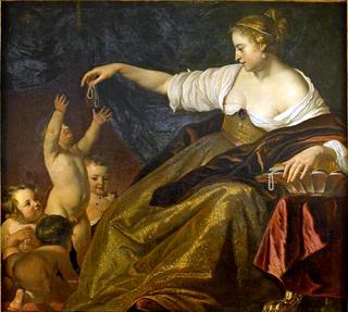A Young Woman Playing with Children and Giving them Pearls