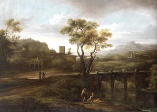 Figures by a Bridge in an Italianate Landscape