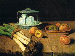 Still Life with leeks bunch, apples and cheese