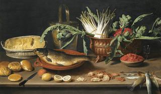Still life of a table with all kinds of food,