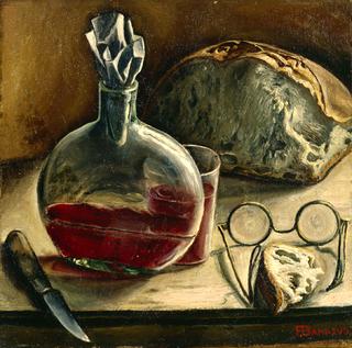 Still life with carafe of wine, bread and glasses