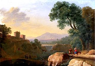 An Italianate River Landscape with Travelers on a Path, a Town Beyond