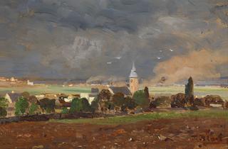 Village landscape before storm