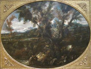 Wooded Landscape with Monks at a Fountain