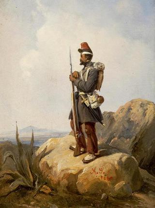 A French Soldier Standing upon a Rock