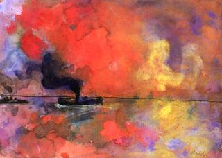 Sea with Steamer and Red Cloud