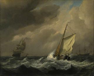 一艘荷兰小船在强风中靠拢