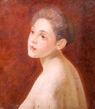 Girl with Bare Shoulders against a Reddish Background