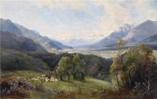 View of a Valley, a Flock of Sheep in the Foreground