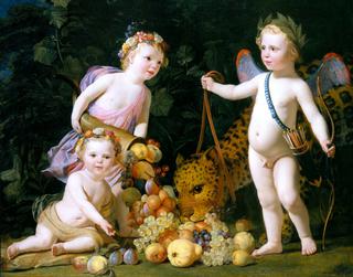 Three putti with fruit and a jaguar