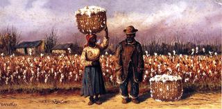 Negro Man and Woman in Cotton Field with Cotton Baskets