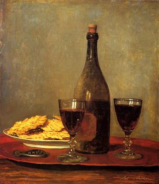 Still Life: Two Glass of Red Wine, a Bottle of Wine, a Corkscrew and a Plate of Biscuits on a Tray