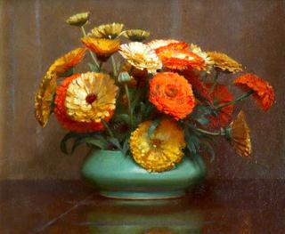 Still Life of Flowers in a Green Vase