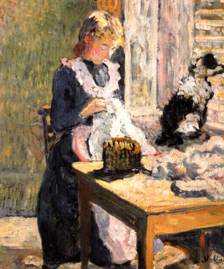 Woman Sewing with a Dog