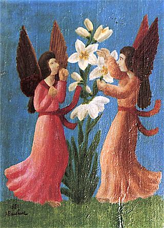 Two Angels in front of Flowers