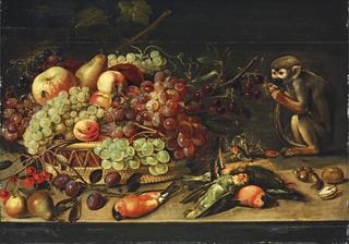 Apples, cherries, apricots and other fruit and a monkey eating nuts on a table