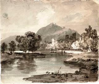 A River with a Ruined Castle among Trees and a Mountain Beyond