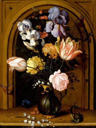 Still Life of Flowers in a Glass Vase on a niche with butterfly, lizard, fly and dragonfly