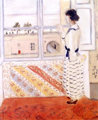 Young Woman at the Window, Blue Striped Desk