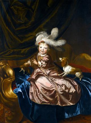 Portrait of a Boy in Pink Silk Playing with Two Puppies