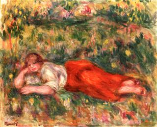 Woman in Red and White Lying on the Grass