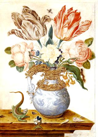 Flowers in an Ornamental Vase, A Lizard Beside It